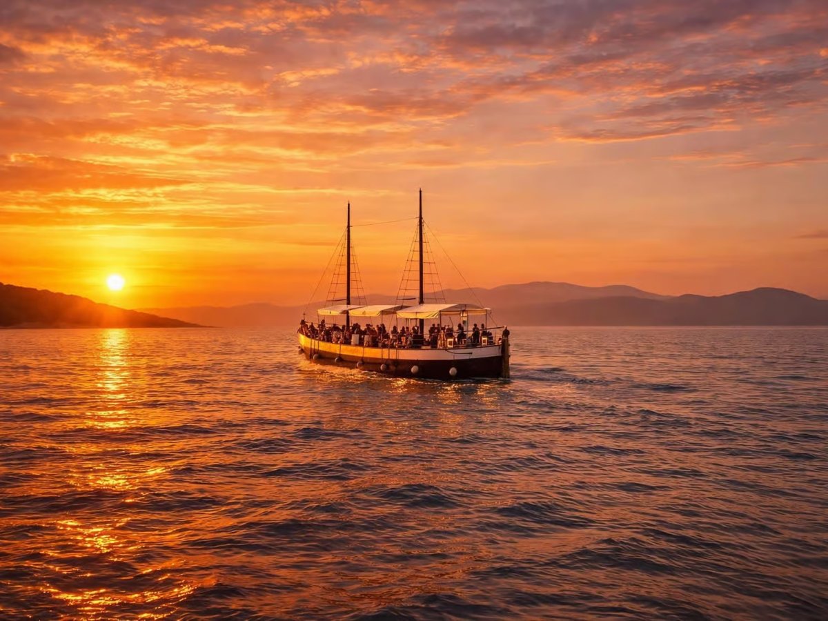 Antique wooden boat cruising at sunset near Split