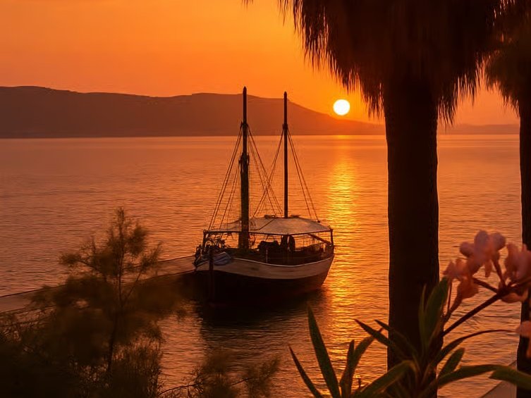 Antique wooden boat moored in harbour at sunset
